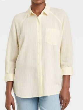 Universal Thread Butter Yellow Striped Linen Blend Button-Front Relaxed Shirt
